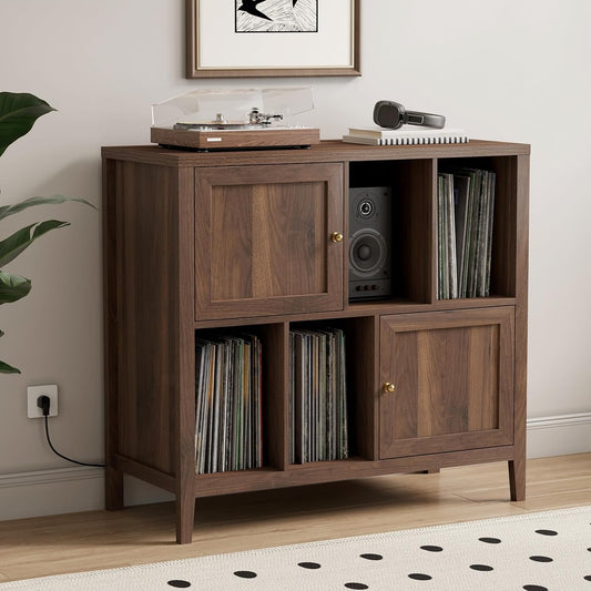 Modern Record Player Stand, Vinyl Record Storage Cabinet, Brown