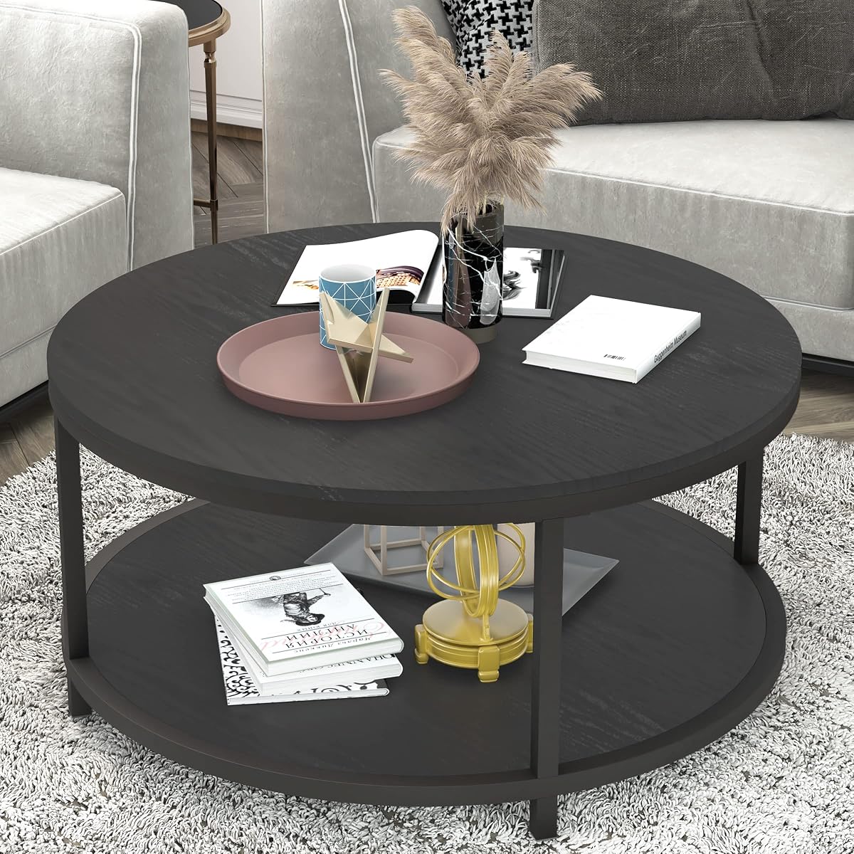 Round Coffee Table, 36" Rustic Wooden Surface Top & Sturdy Metal Legs Industrial Sofa Table for Living Room Modern Design Home Furniture with Storage Open Shelf (Black Oak)