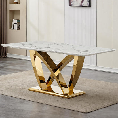 Marble Dining Table for 6 People, 70'' Rectangle Faux Marble Dining Table with Mirrored Stainless Steel Base, Large Size Marble Kitchen Table (Gold,White)(only Table)