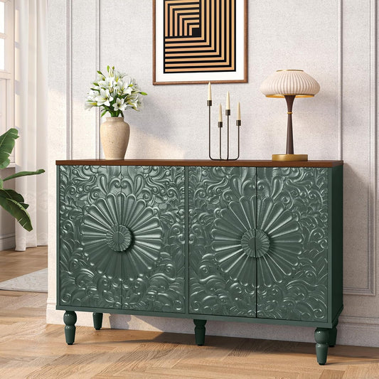 Accent Cabinet with 4 Vintage Carved Flower Doors, Green | 47" Sideboard Buffet Cabinet with Storage, Decorative Cabinet Wood Credenza for Living Room, Hallway