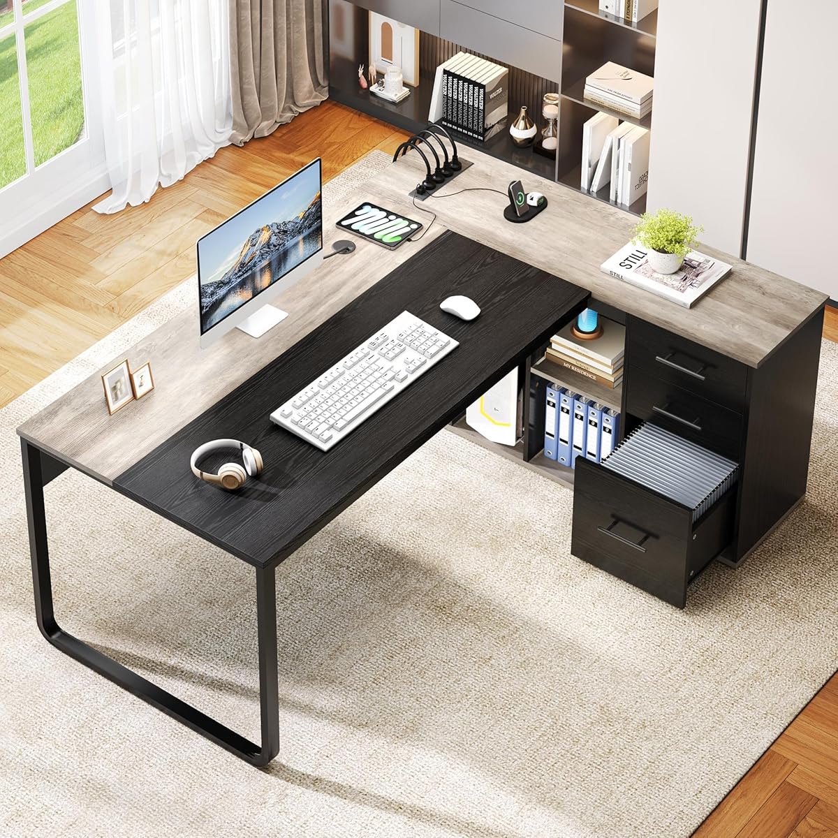 71" Executive Desk with Power Outlets, L Shaped Executive Desk with File Cabinet, Computer Desk with Drawers & Storage Shelves, Corner Office Desk with Bookshelf for Home Office, Grey + Black