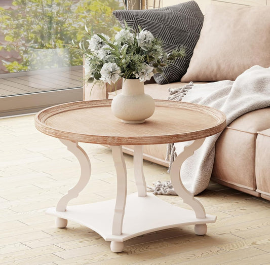 Round Farmhouse Coffee Table, Wood Tray Top, White, Circle