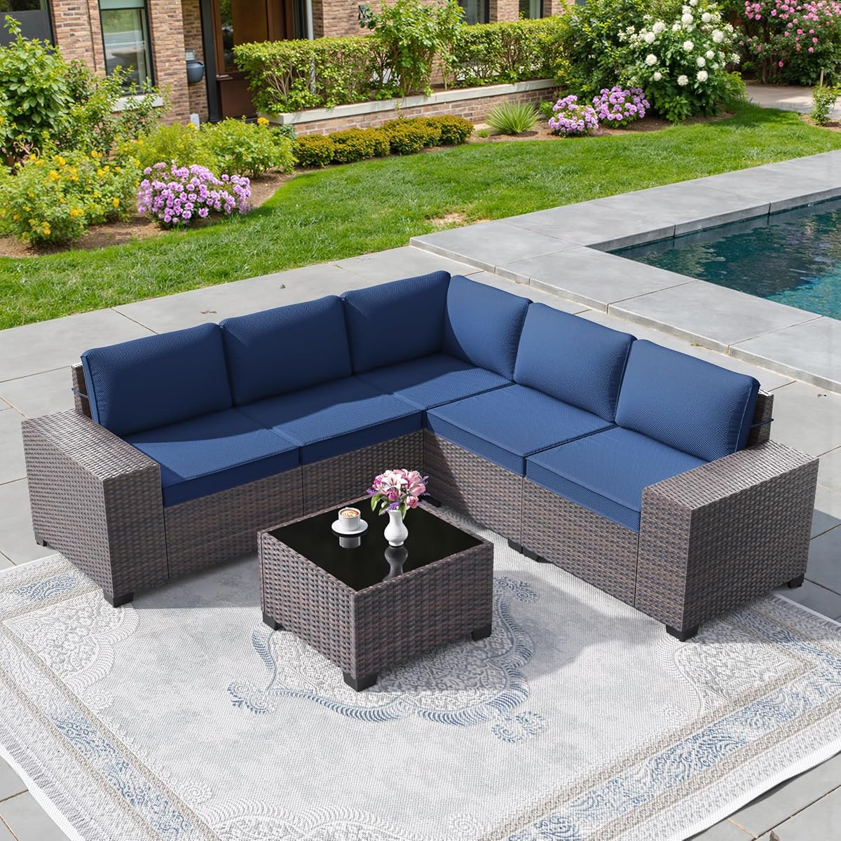 6 PCS Outdoor Patio Furniture Set,Outdoor Sectional Furniture All Weather PE Rattan Wicker Patio Conversation Set with Coffee Table and 5 Thickened Cushions,Navy Blue