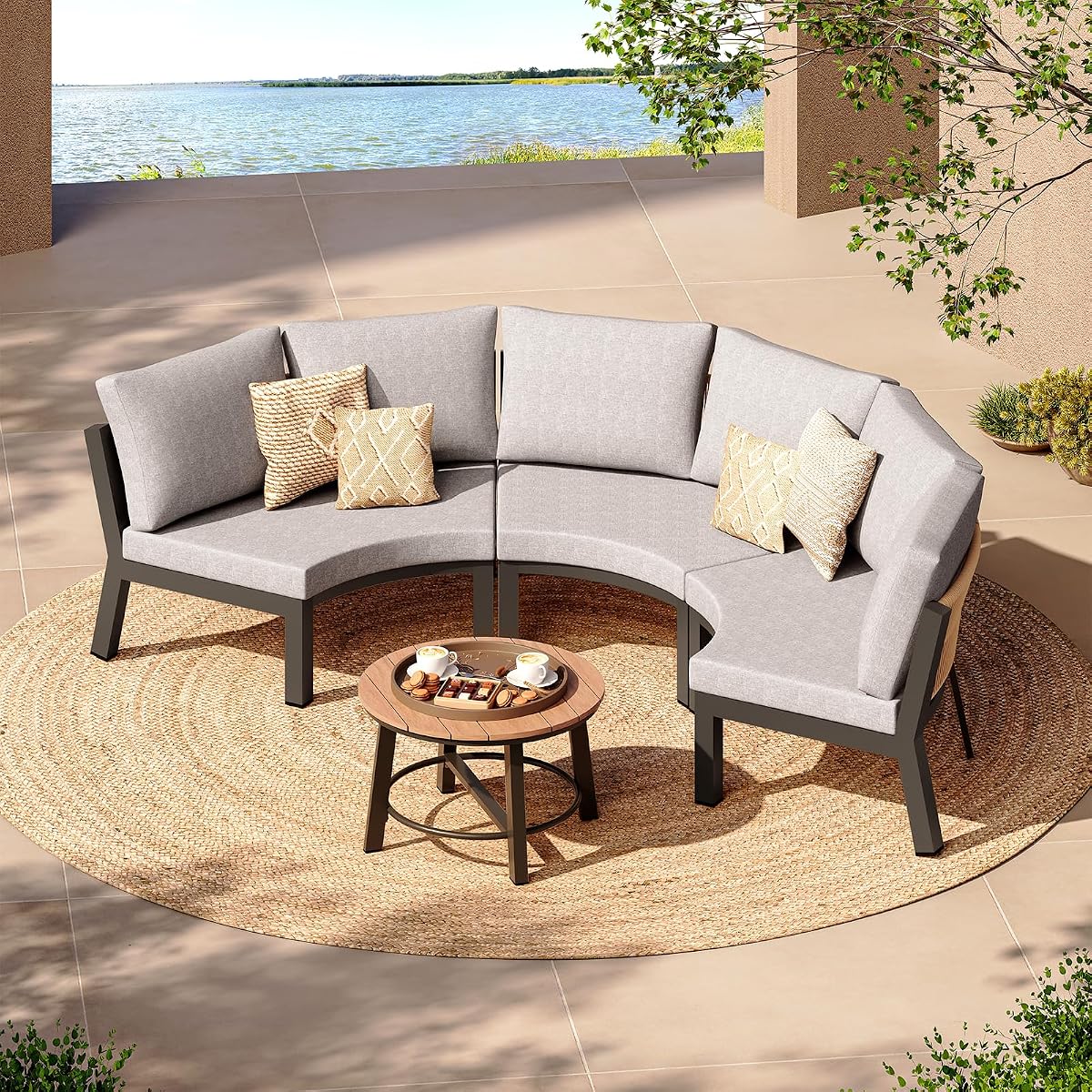 Outdoor Patio Furniture Set, 4 Piece Half Moon Aluminum Patio Conversation Sets Curved Sofa with PE Rope, All-Weather Sectional Furniture Set with Modular Coffee Table & Cushions, Gray