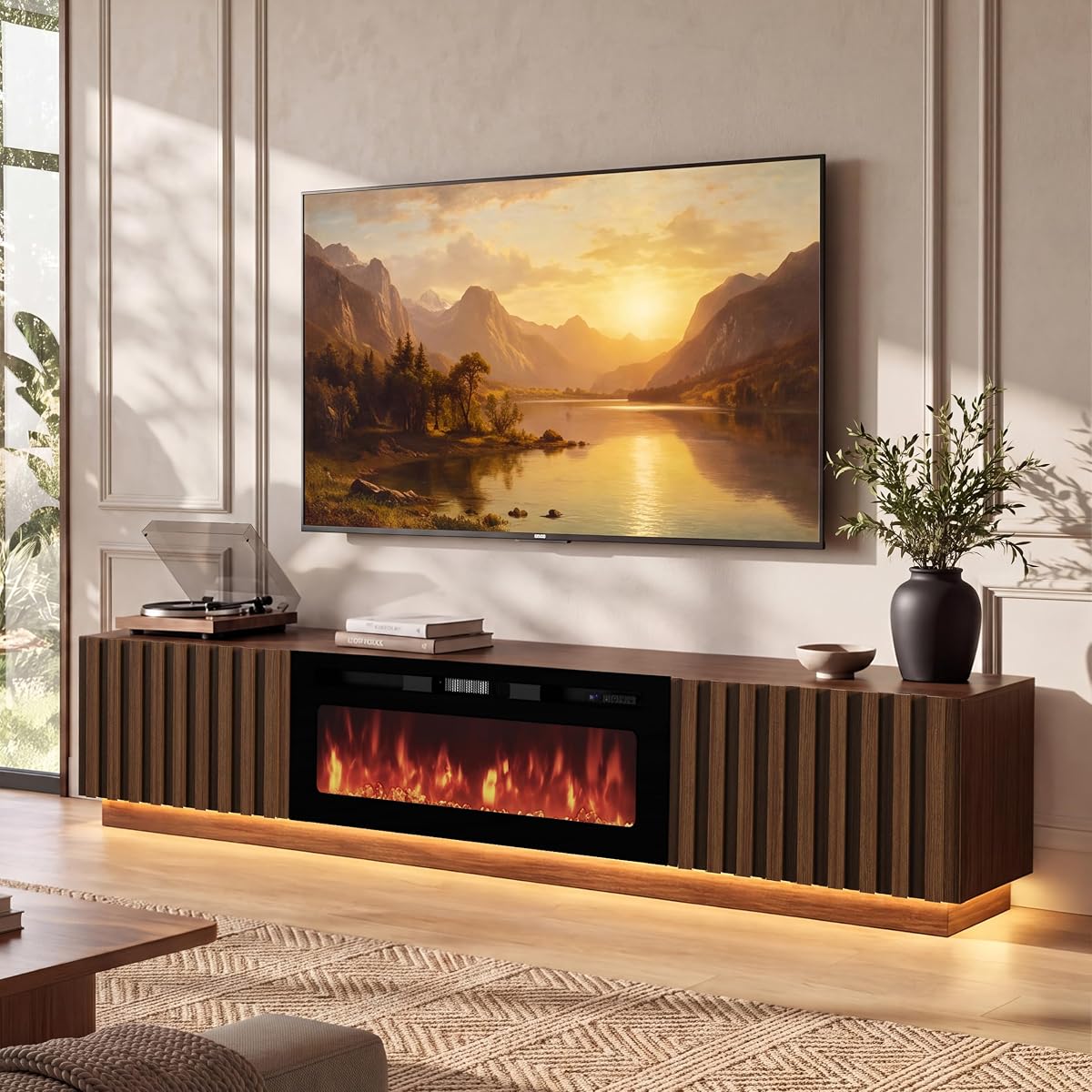 82.7" Fireplace TV Stand, Fluted TV Stands for Living Room, Walnut