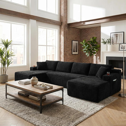 125" Sectional Boneless Couch for Living Room, Modular Cloud Couch Sectional with Storage Pockets & Cup Holders, Modern Corduroy Modular Sofa, Black U-Shaped Compressed Sofa Couch in a Box
