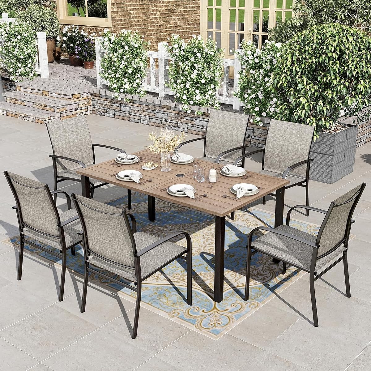 7pc Patio Dining Set, Wood-Like Metal Table, 6 Brown Chairs | 60" rectangular table with umbrella hole. Waterproof, rust-resistant, all-weather for backyard, porch