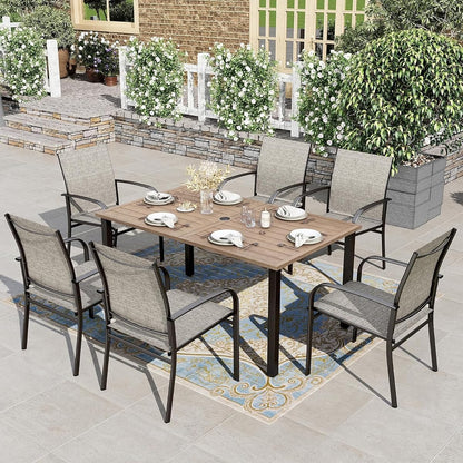 7pc Patio Dining Set, Wood-Like Metal Table, 6 Brown Chairs | 60" rectangular table with umbrella hole. Waterproof, rust-resistant, all-weather for backyard, porch