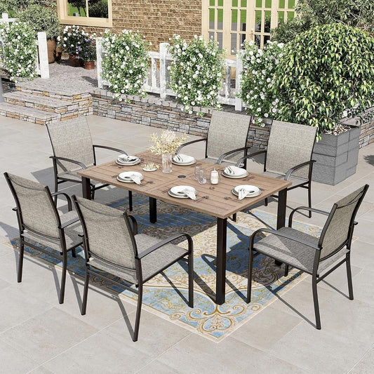 7pc Patio Dining Set, Wood-Like Metal Table, 6 Brown Chairs | 60" rectangular table with umbrella hole. Waterproof, rust-resistant, all-weather for backyard, porch