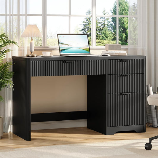 47" Office Desk with 4 Fluted Drawers, Wooden Home Exectuive Desk with A File Drawer, Modern Farmhouse Computer Desk for Work, Study, Home Office, Bedroom,Pure Black