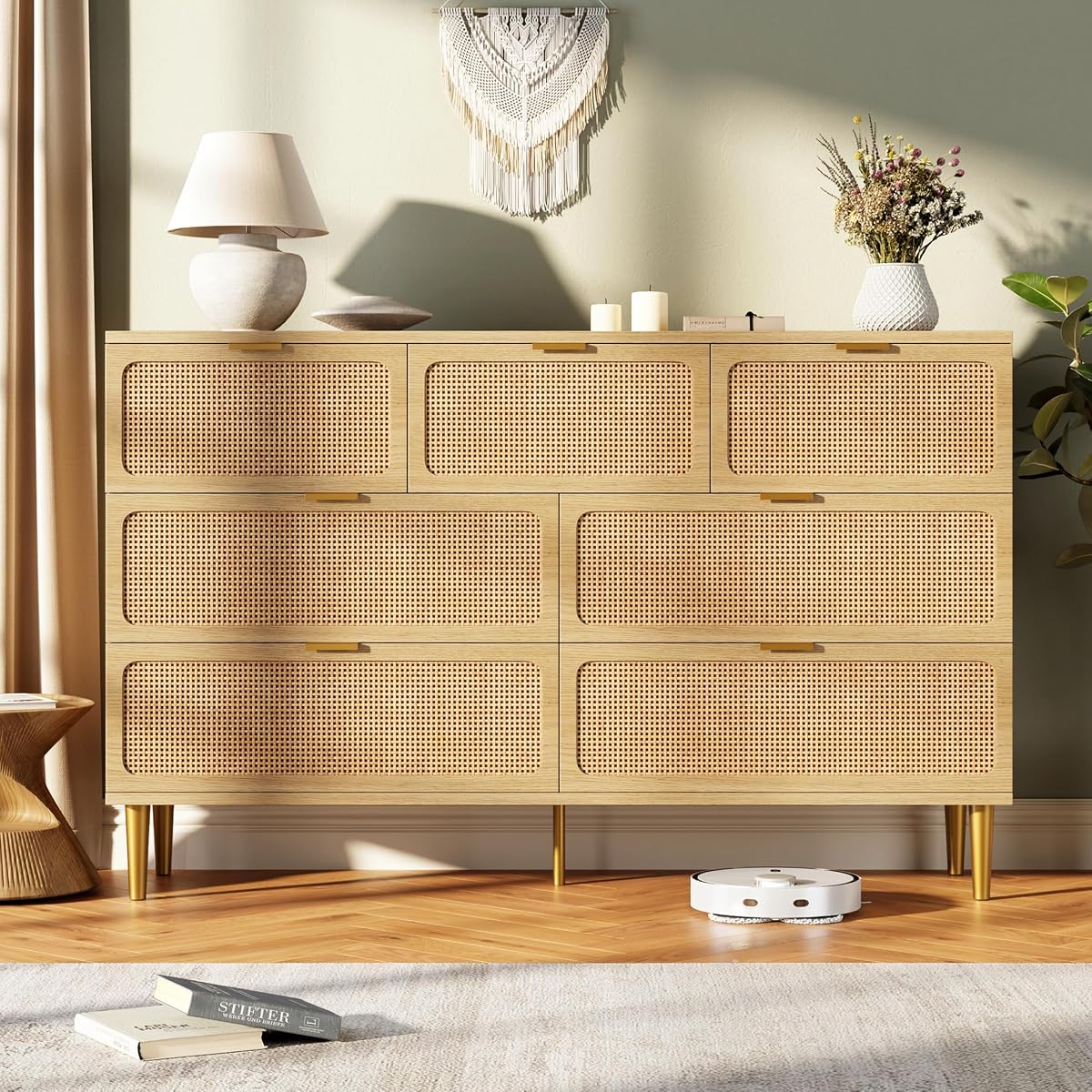 Rattan 7 Drawer Dressers for Bedroom, Tall Dresser with Deep Drawers, Large Chest of Drawers for Closet with Wide Top, Long Wooden Dresser for Living Room, Hallway, Kids Room, Natural