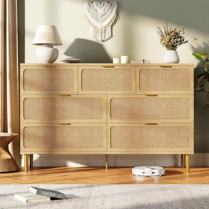 Rattan 7 Drawer Dressers for Bedroom, Tall Dresser with Deep Drawers, Large Chest of Drawers for Closet with Wide Top, Long Wooden Dresser for Living Room, Hallway, Kids Room, Natural