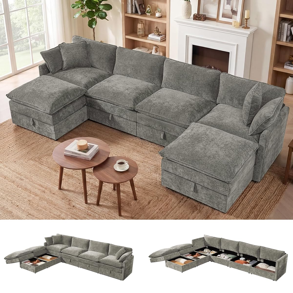Modular Sectional Sofa with Storage Ottomans,134" U-Shaped Cloud Couch,Comfy Modern Couches with Pillows & Upholstered Deep Seat Cushion for Apartment Living Room Bedroom（Gray）