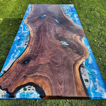 RESINHOMEFURNITURE Handcrafted Blue Seaside Look Furniture Epoxy Resin Dining Table Living Room Table Coffee Table Kitchen Table Conference Table Bar Counter Top Wooden Table Console Table Patio Table