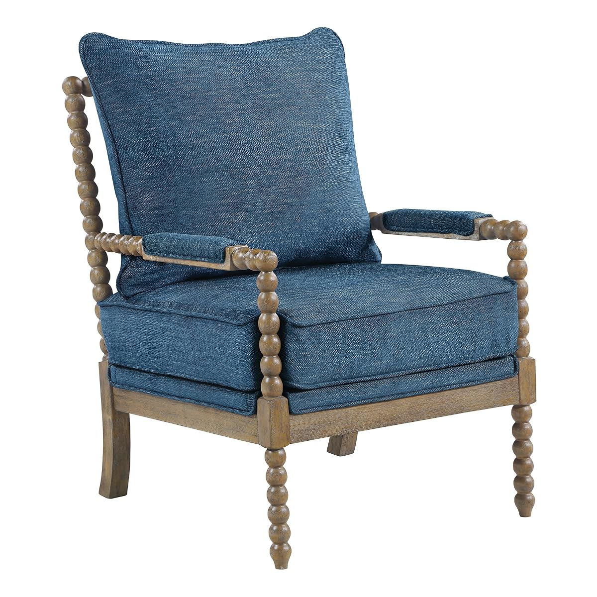 Fletcher Spindle Accent Chair with Rustic Brown Finish, Navy Blue Upholstery
