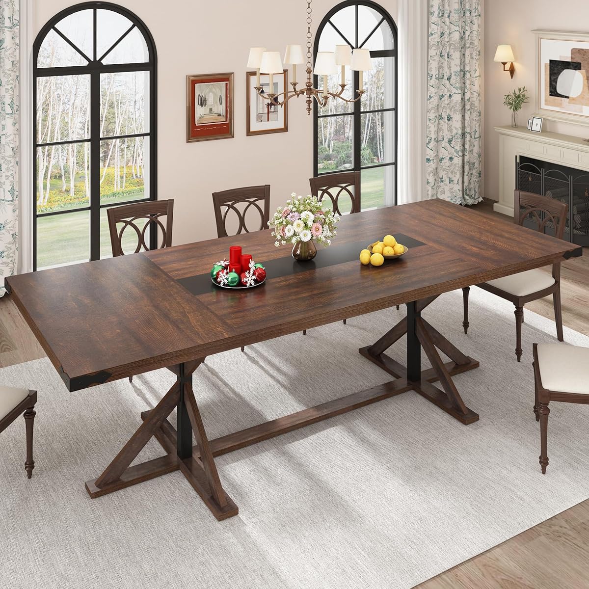 94" Large Dining Table for 10 People, Rectangular Kitchen Farmhouse Table W/Thickness Waterproof Wood Tabletop,Long Dining Room Tables W/Wood Strip Base for Kitchen Living Room(238CM Brown)