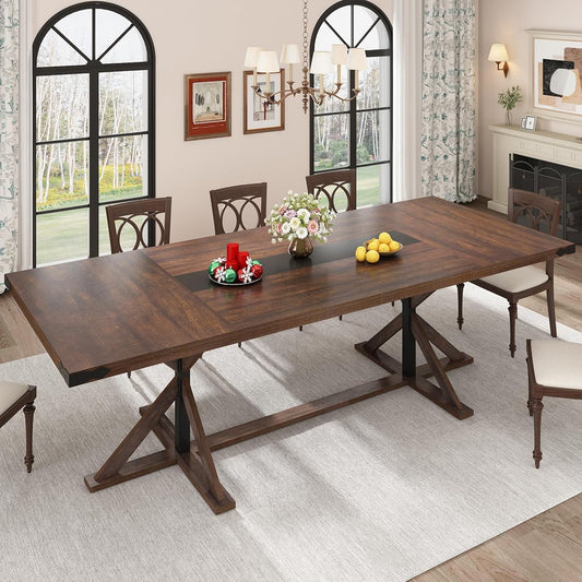 94" Large Dining Table for 10 People, Rectangular Kitchen Farmhouse Table W/Thickness Waterproof Wood Tabletop,Long Dining Room Tables W/Wood Strip Base for Kitchen Living Room(238CM Brown)