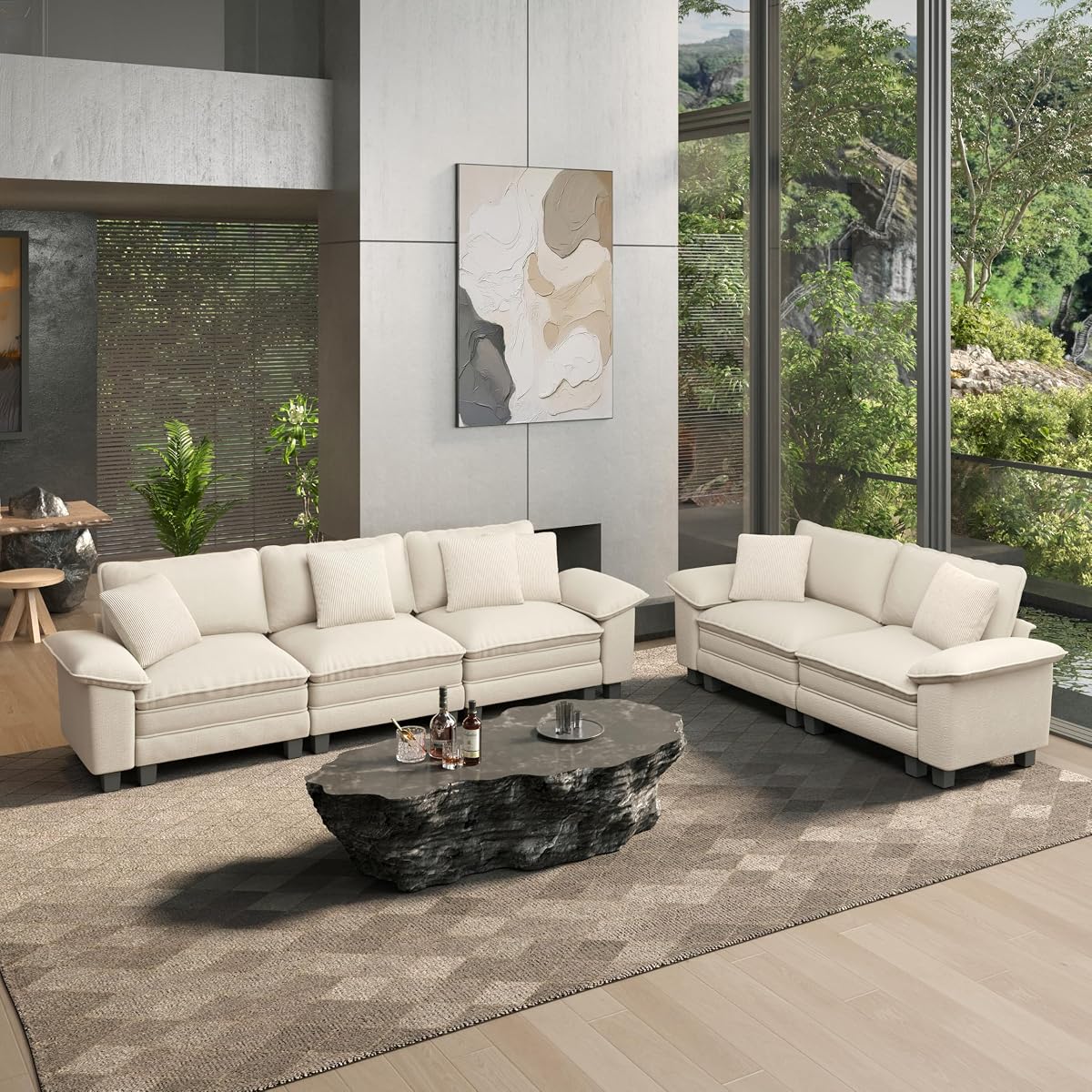 2 Pieces Modular Loveseat Couch & 3-Seat Sectional Sofa Set | Modern 5-Seater Cloud Sofa Set, Beige, Wider Armrest, Comfy Deep Seat, Soft Chenille Furniture Set for Living Room