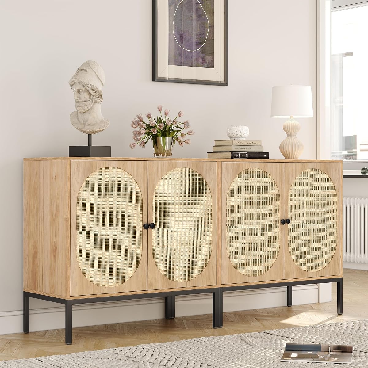 Set of 2 63" Sideboard Cabinet with Natural Rattan Hand-Woven Doors, Rattan Cabinet, Accent Buffet Storage Console Cane Credenza, for Living Room Entryway, Metal Legs/Natural