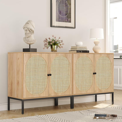 Set of 2 63" Sideboard Cabinet with Natural Rattan Hand-Woven Doors, Rattan Cabinet, Accent Buffet Storage Console Cane Credenza, for Living Room Entryway, Metal Legs/Natural