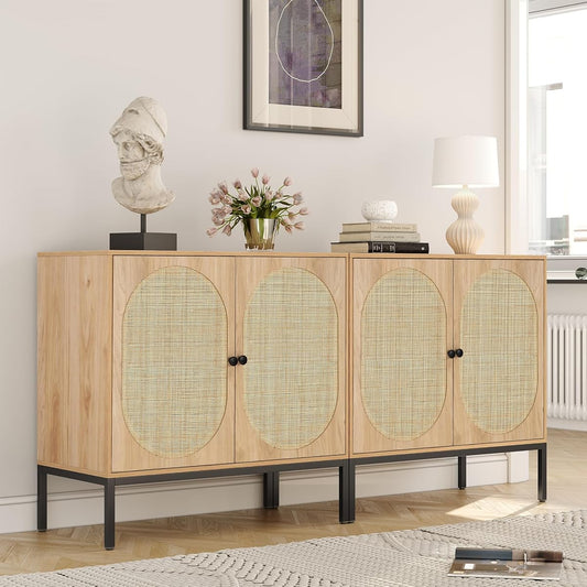 Set of 2 63" Sideboard Cabinet with Natural Rattan Hand-Woven Doors, Rattan Cabinet, Accent Buffet Storage Console Cane Credenza, for Living Room Entryway, Metal Legs/Natural