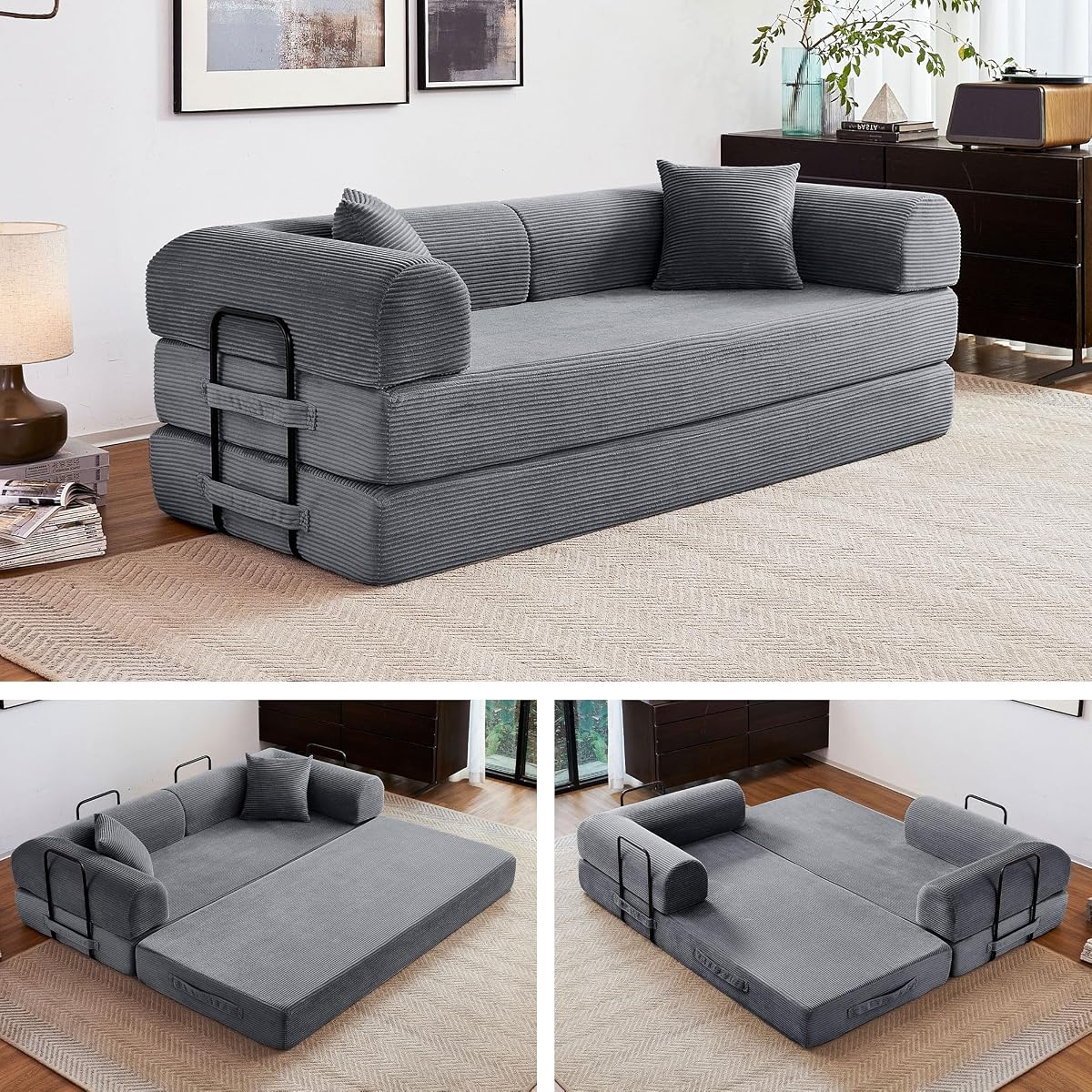 79" Convertible Sofa Bed, 5-in-1 Corduroy Boneless Couch Bed Sofa Pull Out, Memory Foam Couch, No Assembly Futon Couches for Living Room Dark Grey