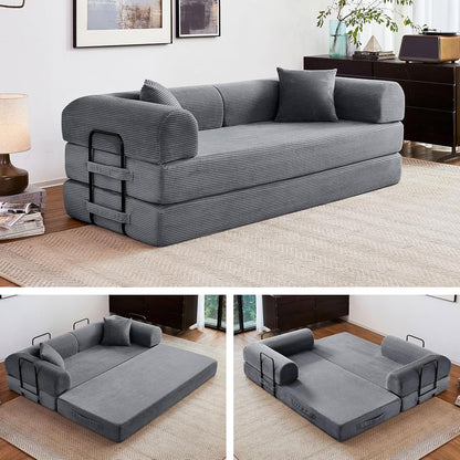 79" Convertible Sofa Bed, 5-in-1 Corduroy Boneless Couch Bed Sofa Pull Out, Memory Foam Couch, No Assembly Futon Couches for Living Room Dark Grey