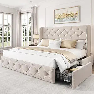 Queen Size Bed Frame with 4 Storage Drawers and 47.2" Tall Tufted Headboard, view 2