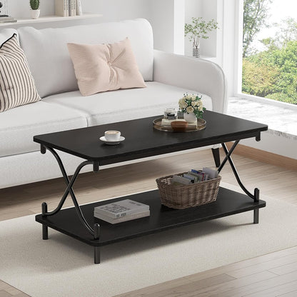 Coffee Table for Living Room with Round Corners Modern Farmhouse Center Table with Storage Shelf for Home Office 39 Inch, Easy Assembly, Glossy Black