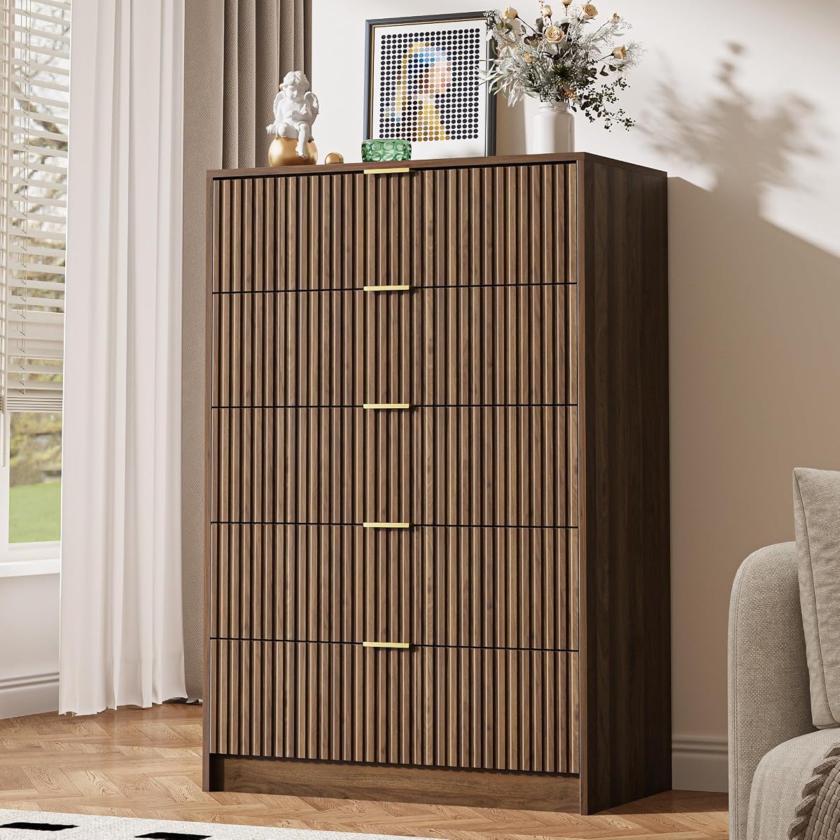 5 Drawer Dresser for Bedroom, Tall Dresser Chest of Drawers with Gold Handles
