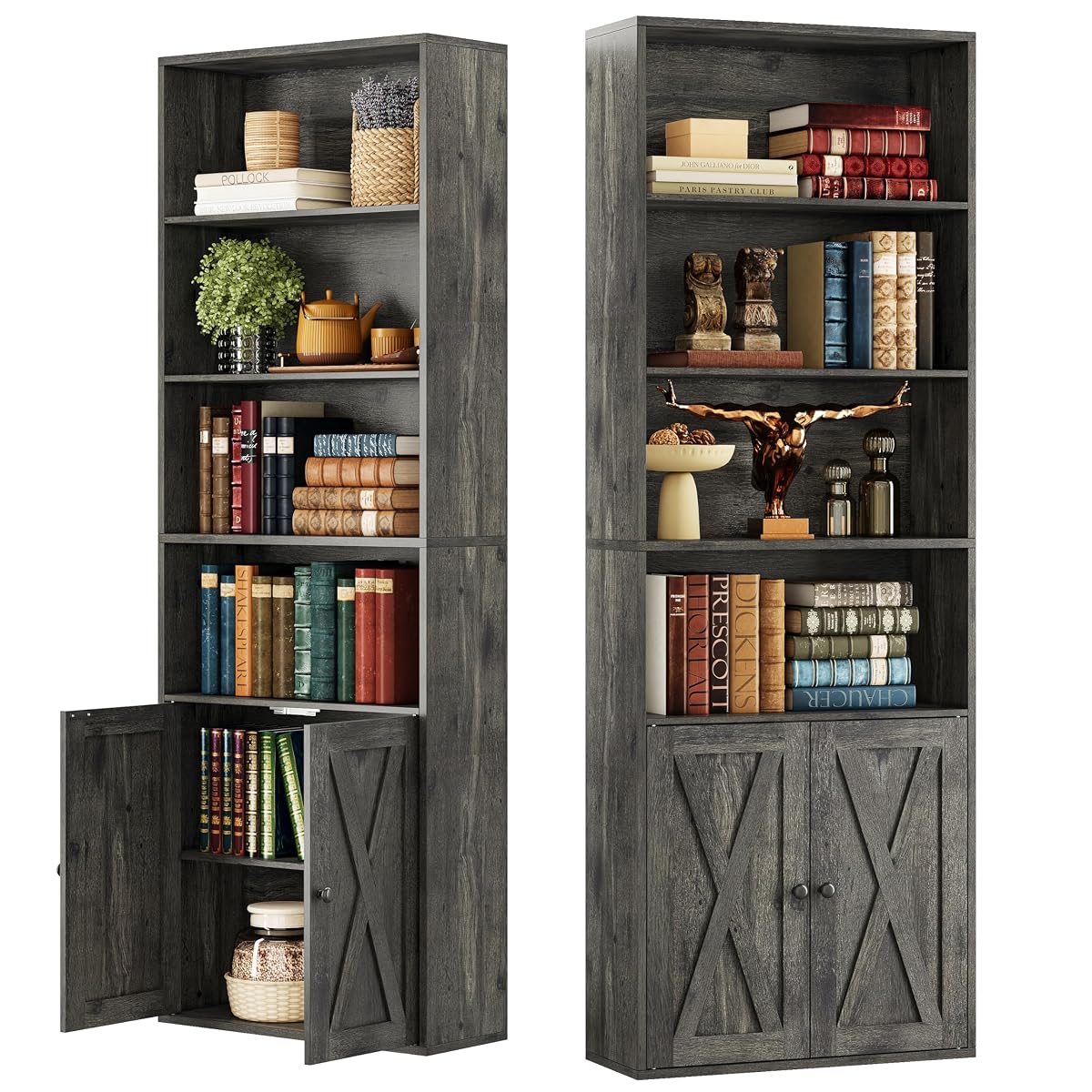 Tall Bookshelf 70 in, Bookcases with Doors, Set of 2, Charcoal Grey