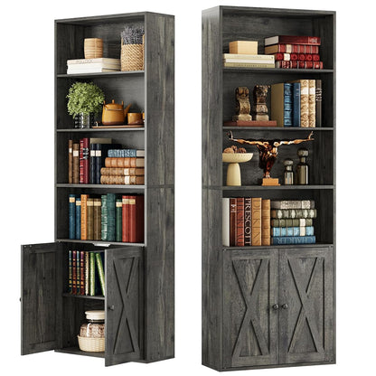 Tall Bookshelf 70 in, Bookcases with Doors, Set of 2, Charcoal Grey