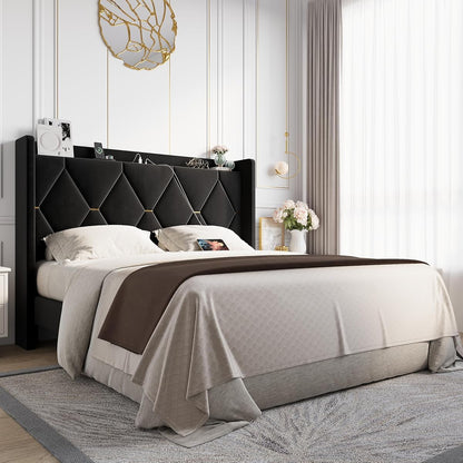 Queen Size Bed Frame with Storage Shelf & Charging Station, Black