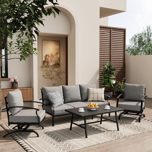 4 Piece Patio Furniture Set,Outdoor Metal Patio Furniture with Coffee Table & Rocking Chairs Conversation Set for Porch,Backyard,Poolside, Garden-Grey