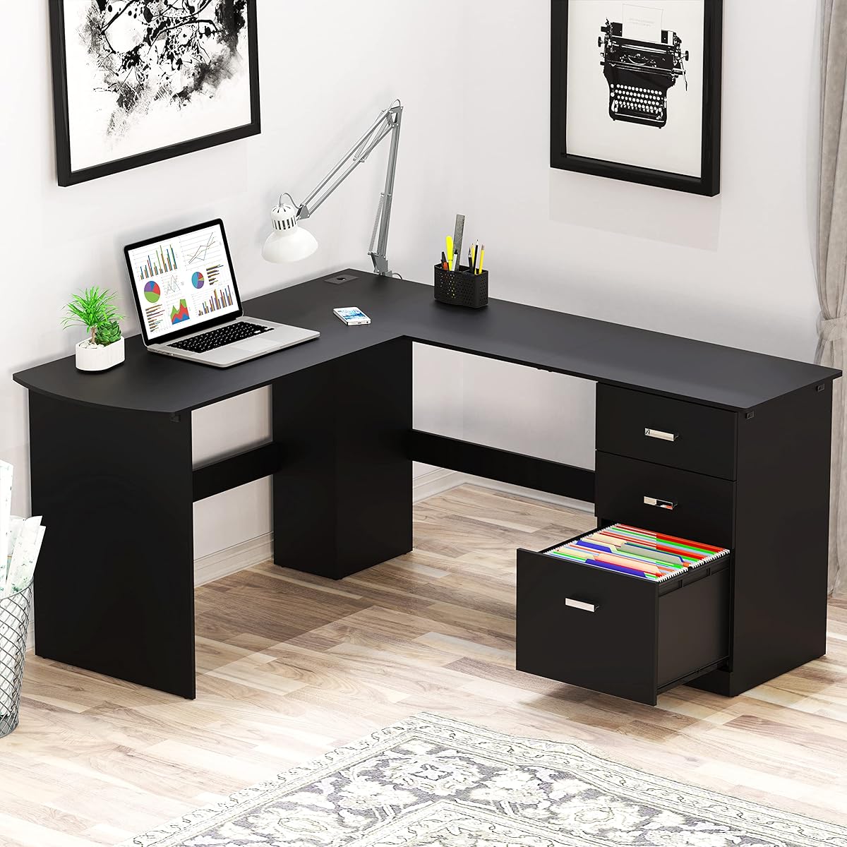 51 x 59 Inches L-Shaped Home Office Wood Corner Desk with Box Box File Drawers, Black