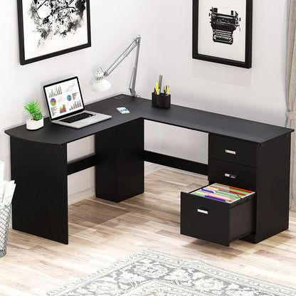 51 x 59 Inches L-Shaped Home Office Wood Corner Desk with Box Box File Drawers, Black