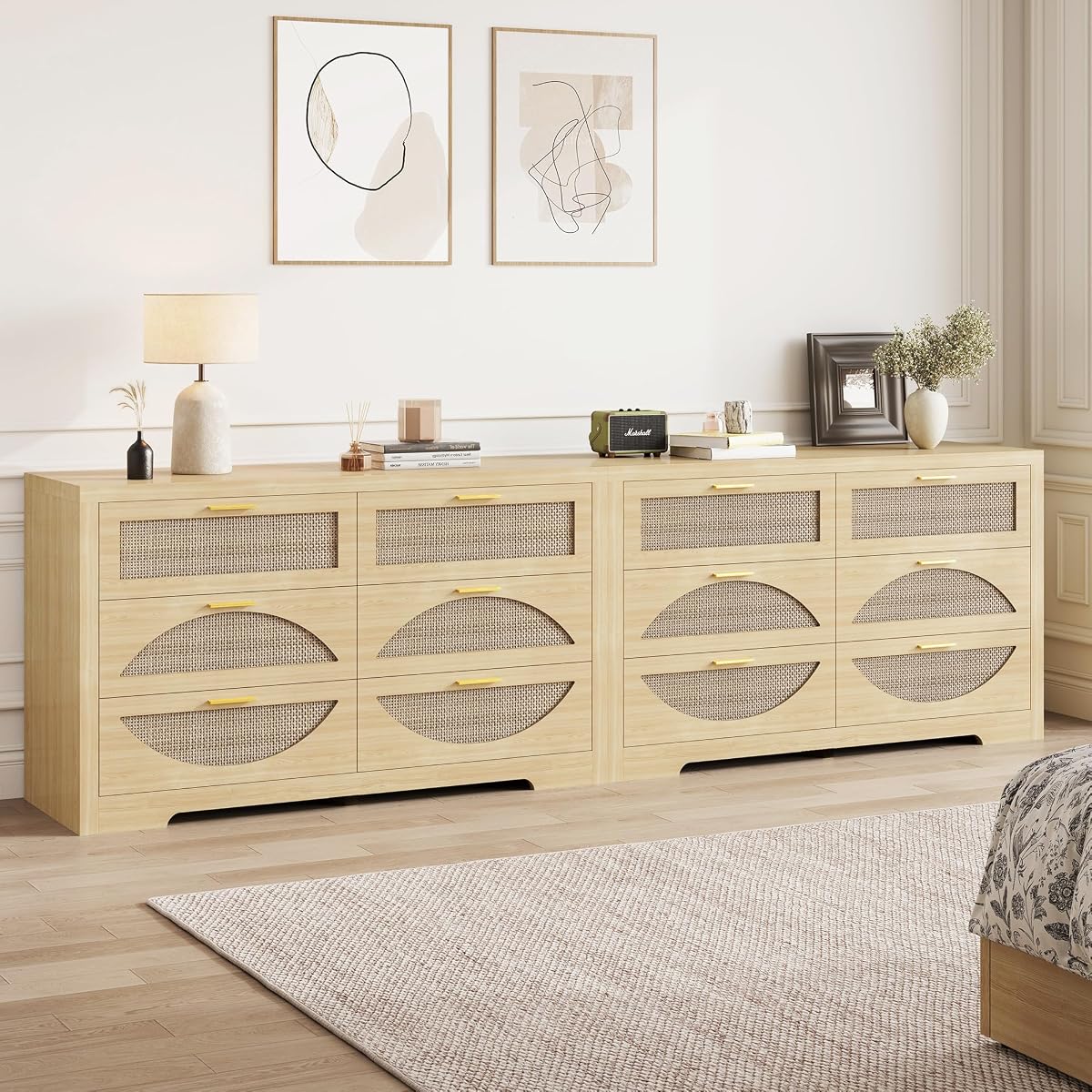 12 Drawer Rattan Dresser for Bedroom,Boho 94.4" Natural Wood Chest of Drawers,TV Stand with Metal Handle,Large Storage Closet Organizer for Living Room,Hallway,Natual Oak