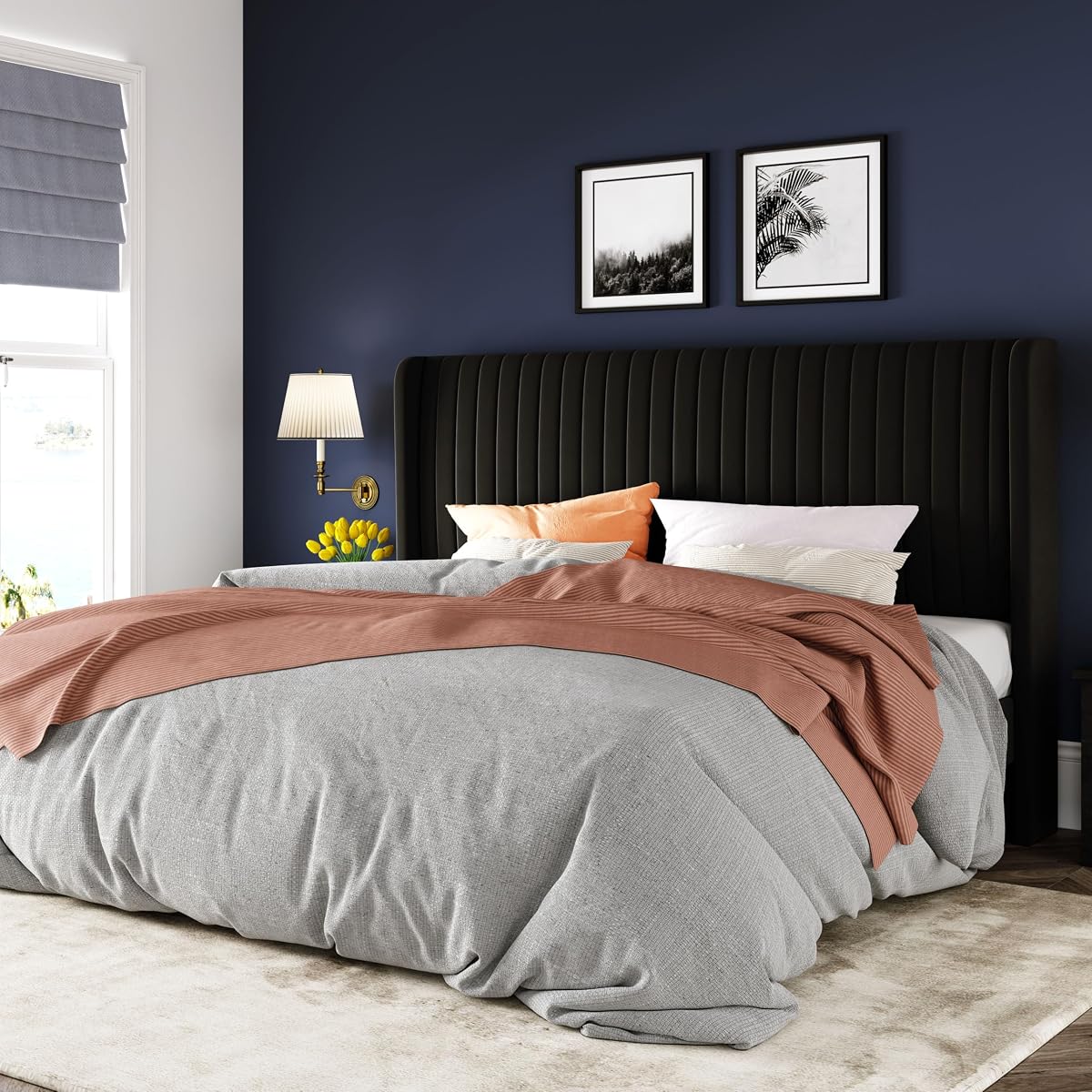 King Size Velvet Bed Frame/Vertical Channel Tufted Wingback
