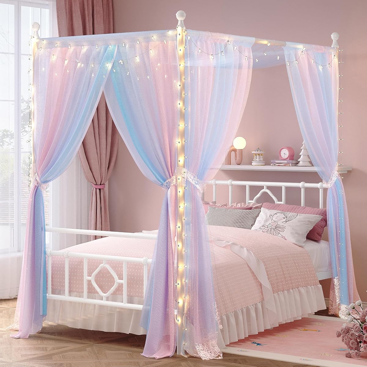 Full Canopy Bed Frame with Storage Headboard,Noise-Free,White