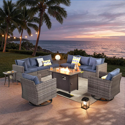 11 Piece Outdoor Patio Furniture Set with Fire Pit Table,Conversation Sectional Wicker Couch with Swivel Chairs,Modern Outside Sofa for Balcony Backyard, Blue