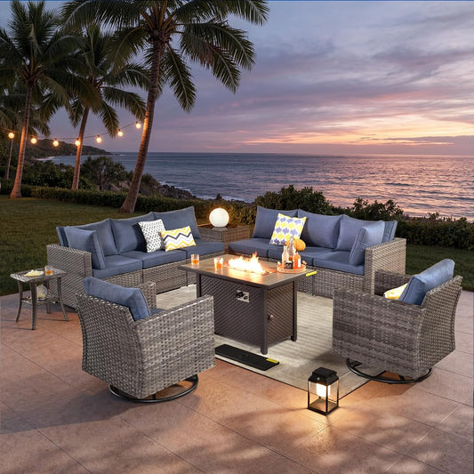 11 Piece Outdoor Patio Furniture Set with Fire Pit Table,Conversation Sectional Wicker Couch with Swivel Chairs,Modern Outside Sofa for Balcony Backyard, Blue