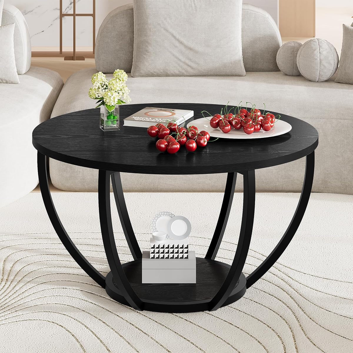 Round Coffee Table,Wooden 2-Tier Circle Coffee Tables with Storage Shelves,Accent Center Table for Living Room, Sofa Table for Home Office, Black