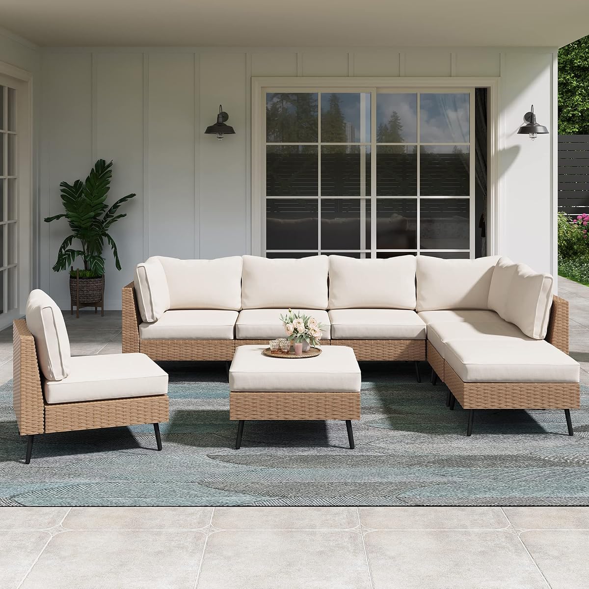 Outdoor Patio Furniture, 8 Piece Outdoor Sectional Sofa PE Rattan Wicker Patio Conversation Sets,All Weather Patio Furniture Set with Thick Cushions for Garden, Poolside, Backyard(Beige)