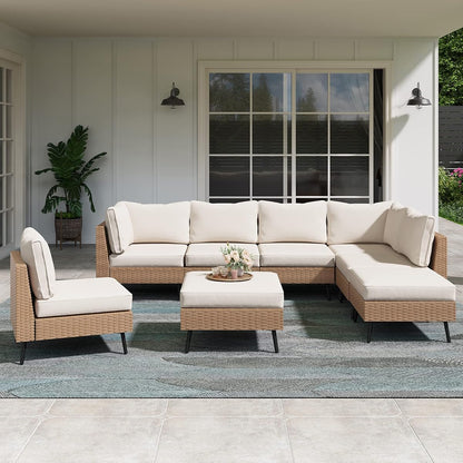 Outdoor Patio Furniture, 8 Piece Outdoor Sectional Sofa PE Rattan Wicker Patio Conversation Sets,All Weather Patio Furniture Set with Thick Cushions for Garden, Poolside, Backyard(Beige)