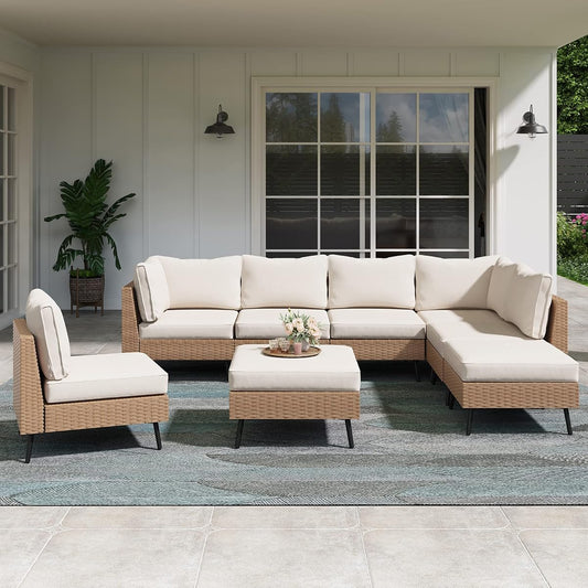 Outdoor Patio Furniture, 8 Piece Outdoor Sectional Sofa PE Rattan Wicker Patio Conversation Sets,All Weather Patio Furniture Set with Thick Cushions for Garden, Poolside, Backyard(Beige)
