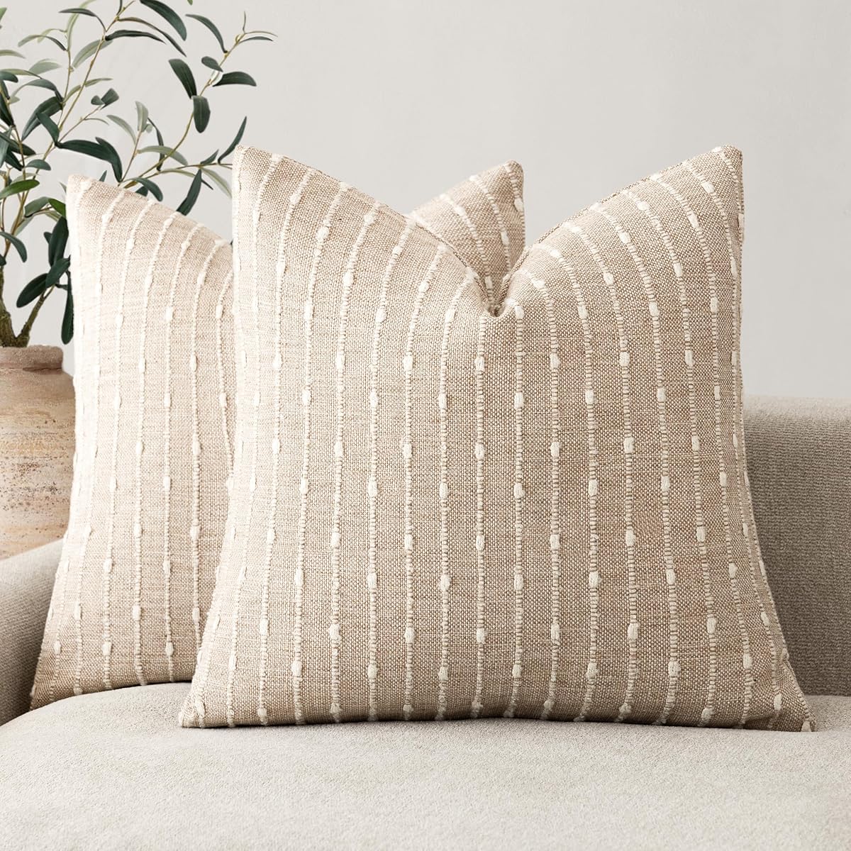 Pack of 2 Decorative Jacquard Boucle Throw Pillow Covers Accent Textured Striped Pillowcases Cozy Modern Cushion for Couch Sofa Bedroom Living Room Home Decor 18x18 Inch Natural Beige