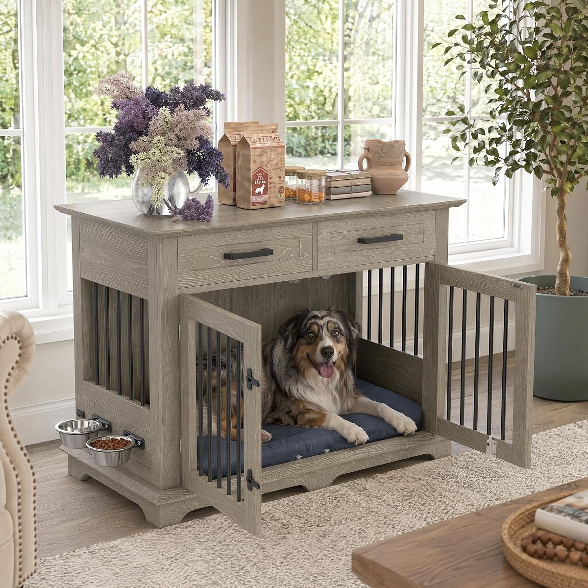 Dog Crate Furniture with Drawers, End Table for Medium Dogs, Gray