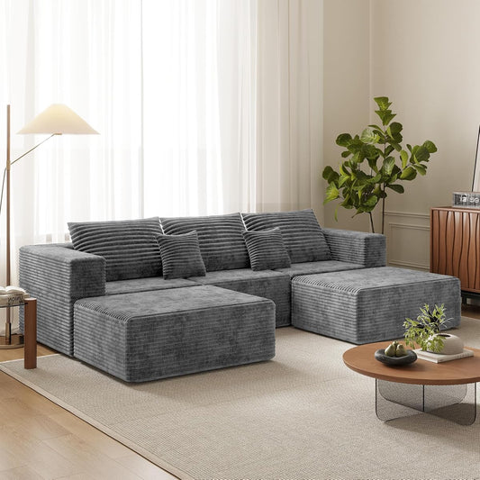 110" U Shaped Sectional Sofa with 2 Ottomans, Modular Corduroy Boneless Cloud Couch, Oversized Deep Seat Sofa for Living Room, Flexible Combination Design, No Assembly Required