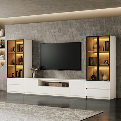 126" White Modern Entertainment Center with Bookshelves for 75 inch TVs