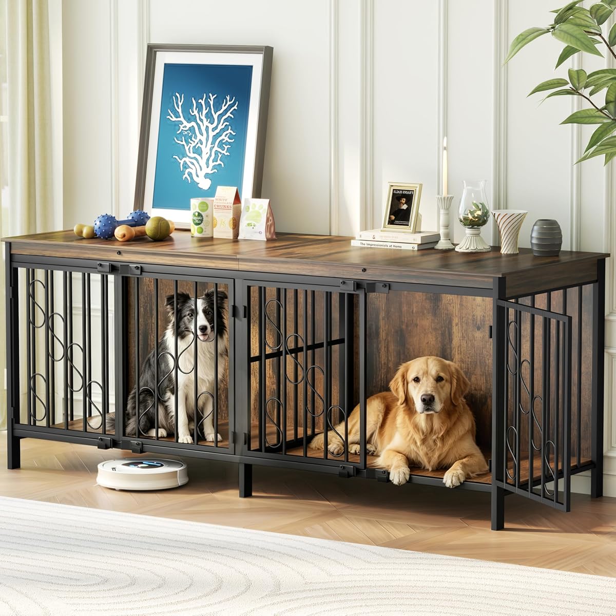 71" Double Dog Crate with Elevated Legs, Brown